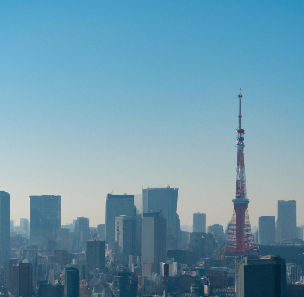 東京タワーと青空を背景に舞台照明が輝く劇場のイメージ